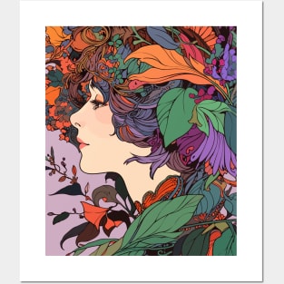 Colorful woman portrait, flowers and leaves Posters and Art